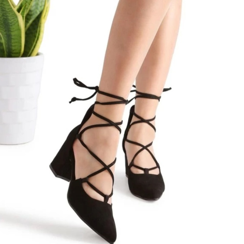 Black Suede Point Toe Lace Up Heeled Shoes